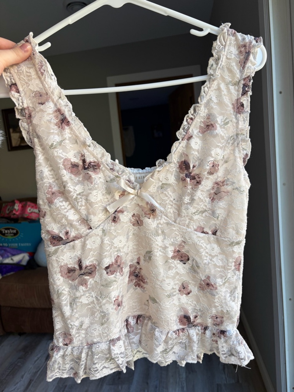 Floral Lace Ruffled Tank Top - Cream with Mauve Flowers